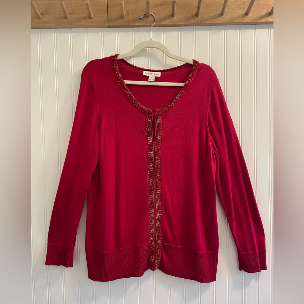 Coldwater Creek Silk Cotton Long Sleeve Beaded Sweater Cardigan Classic Red 1X